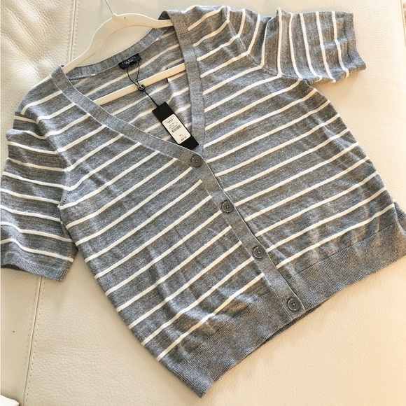 Talbots short sleeve shimmery v neck button down sweater. PL, NWT - Picture 11 of 12